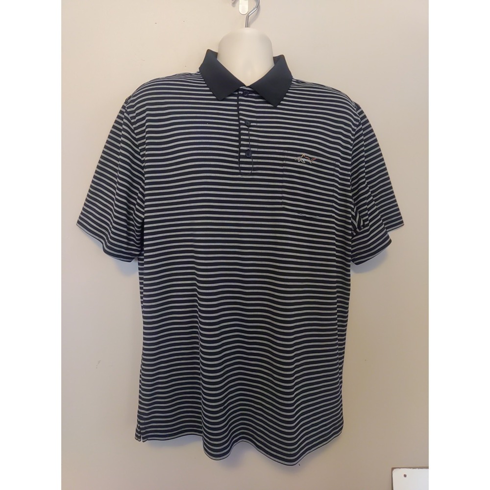 Greg Norman Tasso Elba Black White Stripe Golf Five Iron Playdry Polo Shirt Sz L